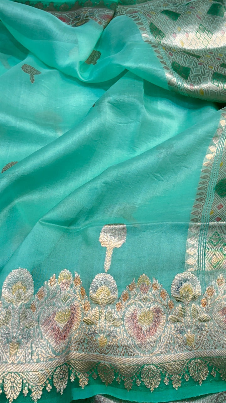 Sea Green Banarasi Kora Silk Saree