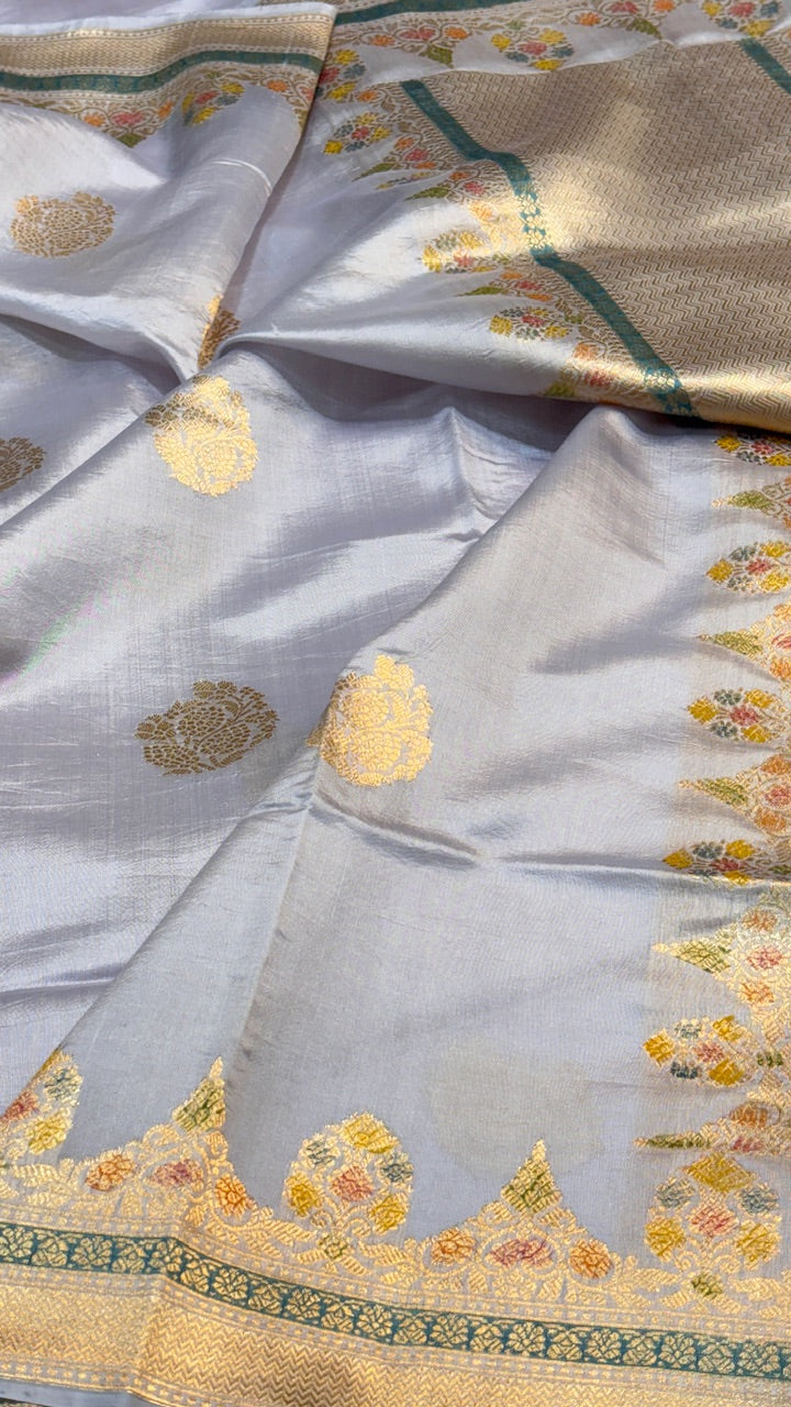 Grey Banarasi Kora Silk Saree