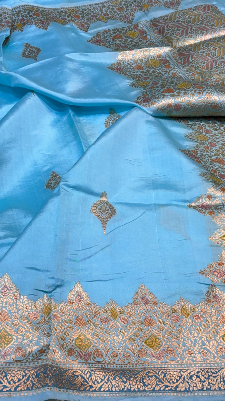 Aqua Blue Banarasi Kora Silk Saree
