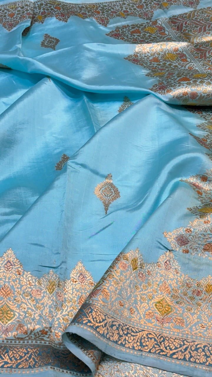 Aqua Blue Banarasi Kora Silk Saree