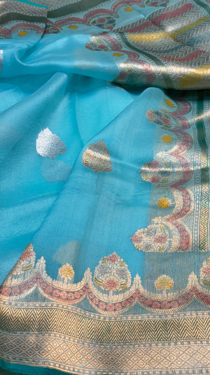 Sky Blue Banarasi Kora Silk Saree