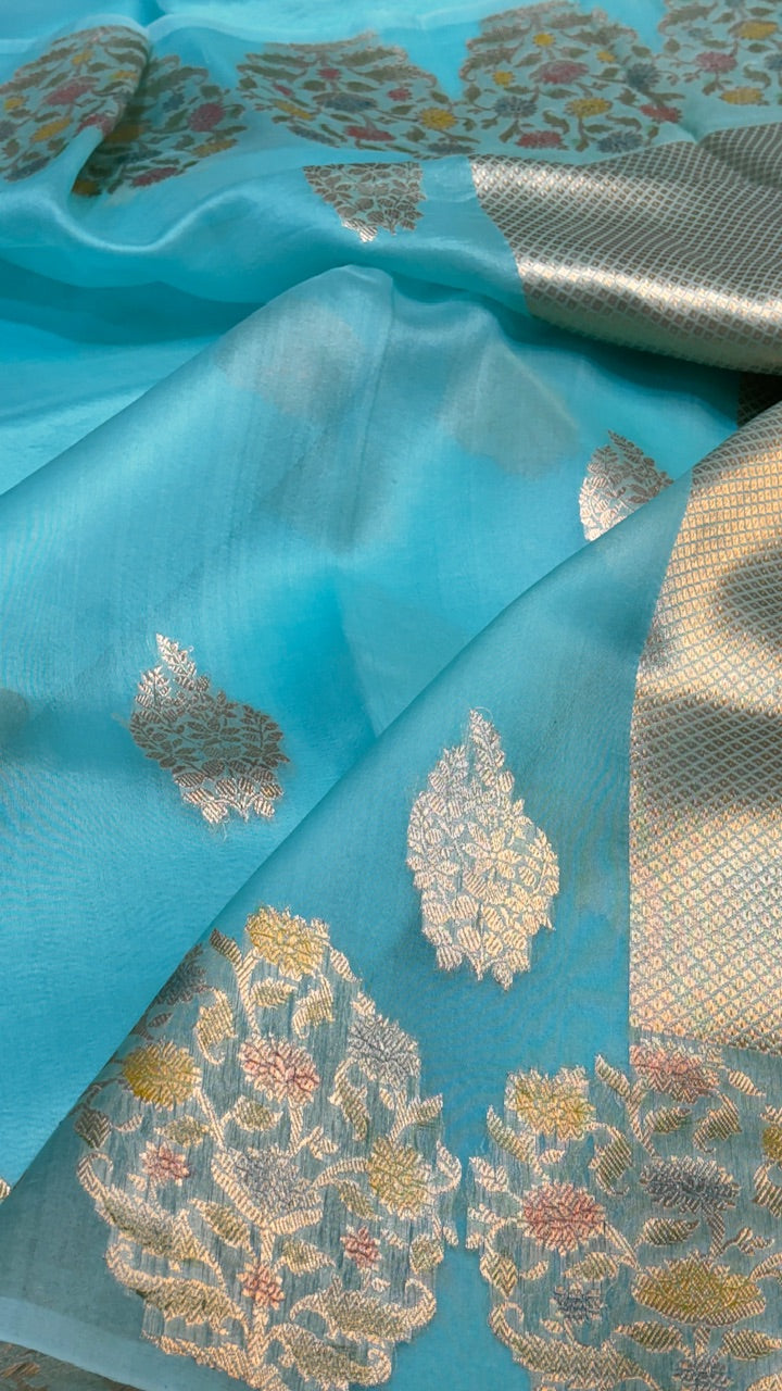 Aqua Blue Banarasi Kora Silk Saree