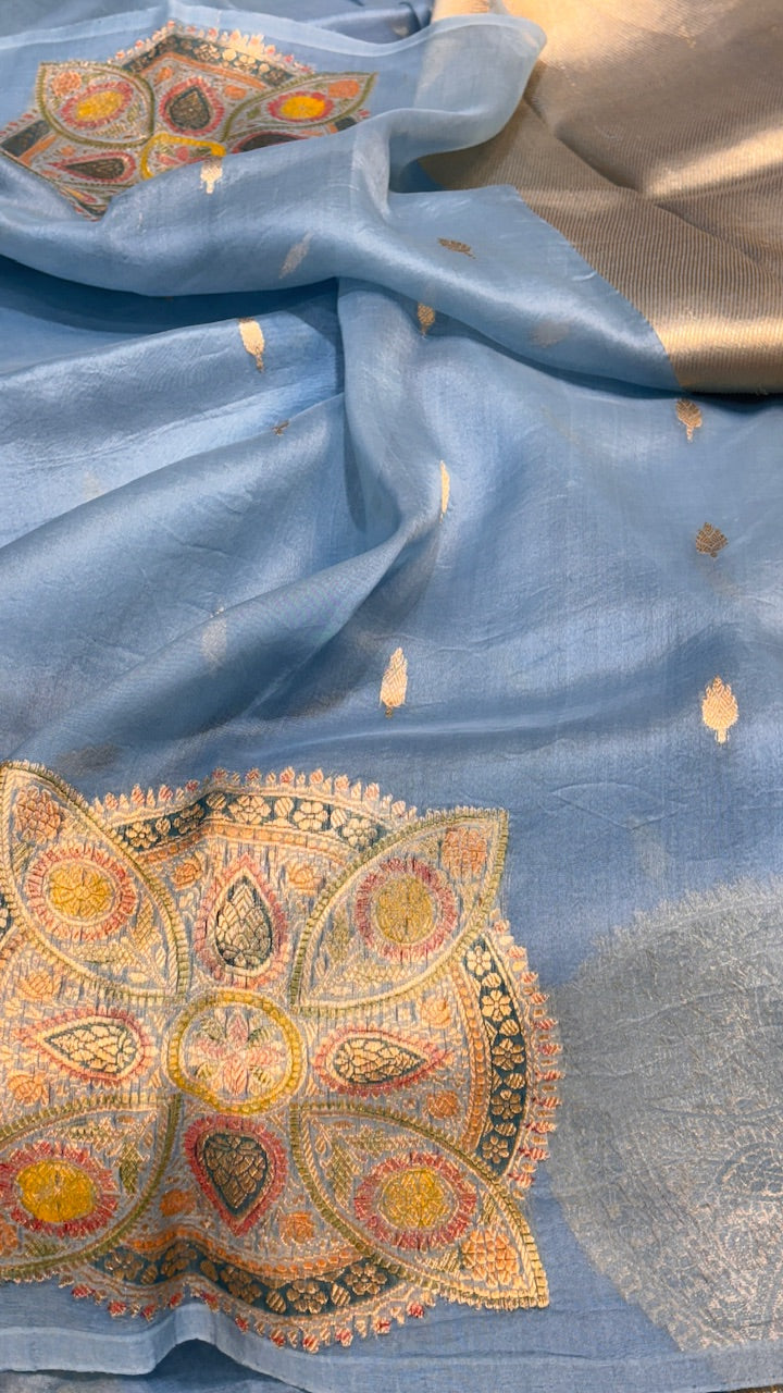Dusty Sky Blue Banarasi Kora Silk Saree