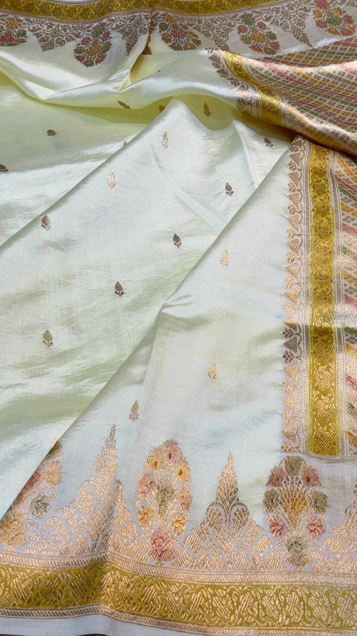 Pale Yellow Banarasi Kora Silk Saree