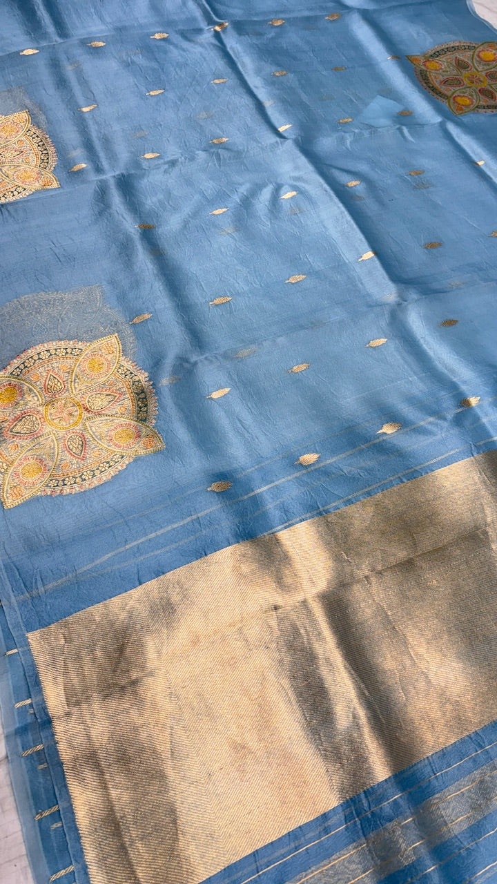Dusty Sky Blue Banarasi Kora Silk Saree