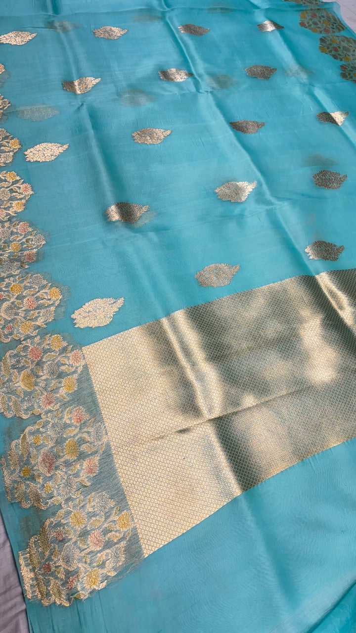 Aqua Blue Banarasi Kora Silk Saree
