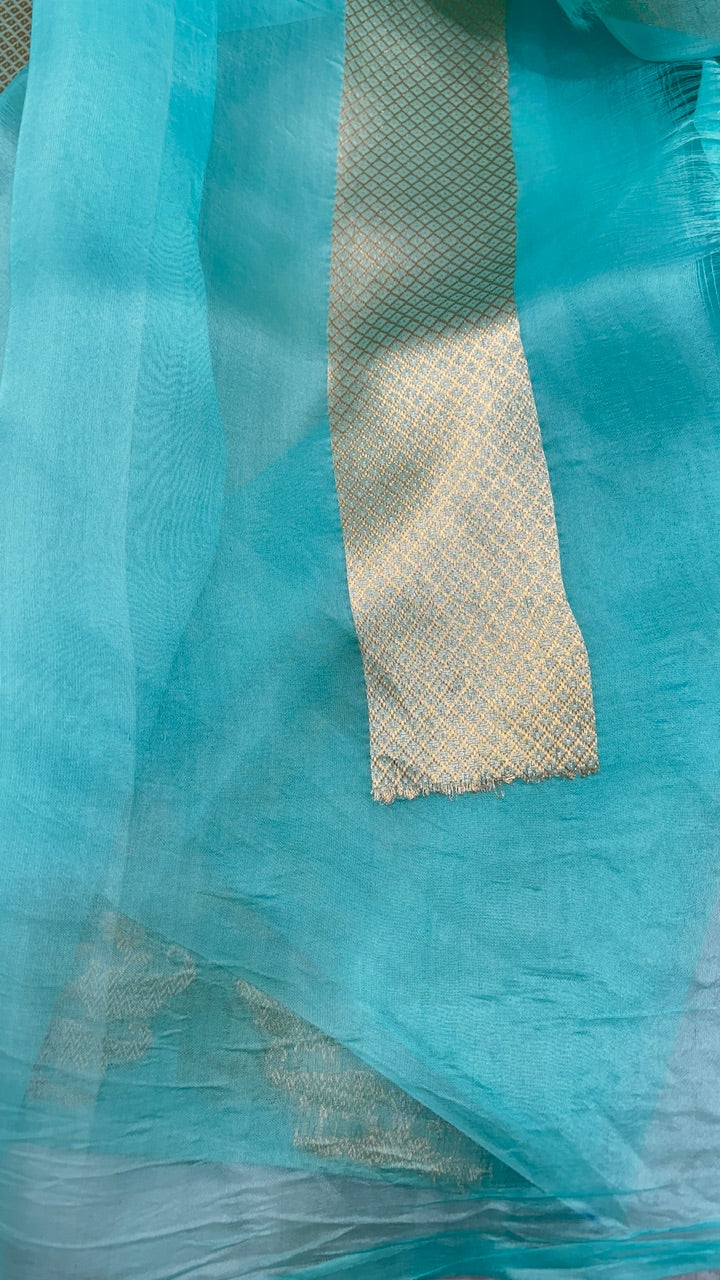 Aqua Blue Banarasi Kora Silk Saree