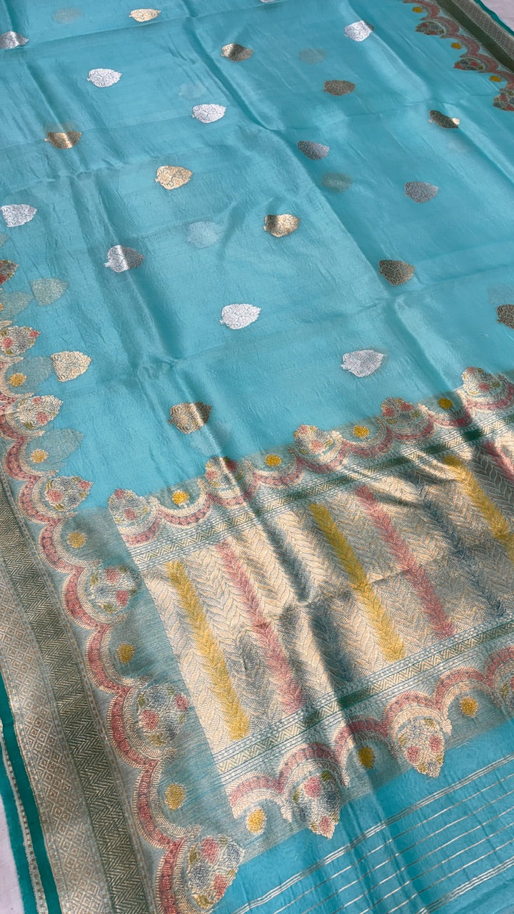 Sky Blue Banarasi Kora Silk Saree