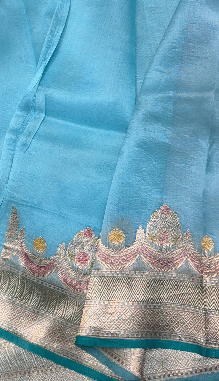 Sky Blue Banarasi Kora Silk Saree