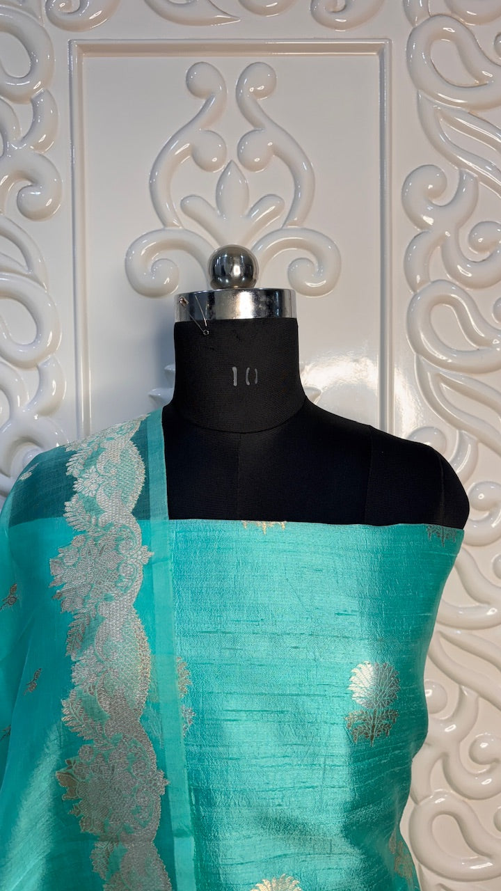 Aqua Blue Banarasi Raw Silk Suit