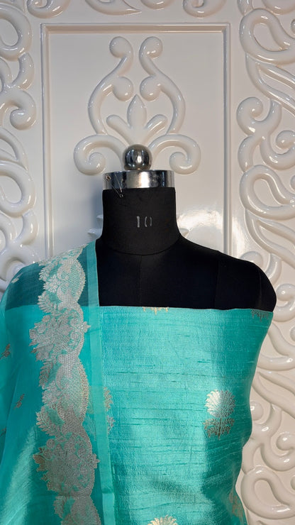 Aqua Blue Banarasi Raw Silk Suit
