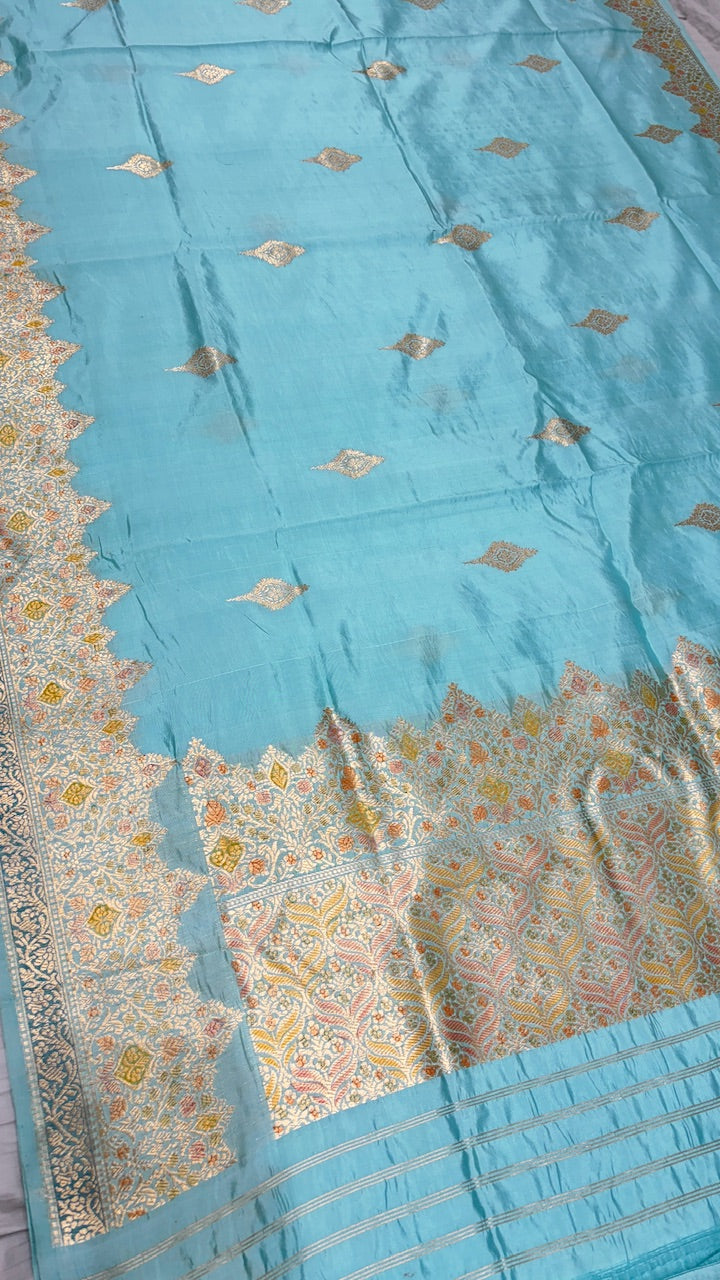 Aqua Blue Banarasi Kora Silk Saree