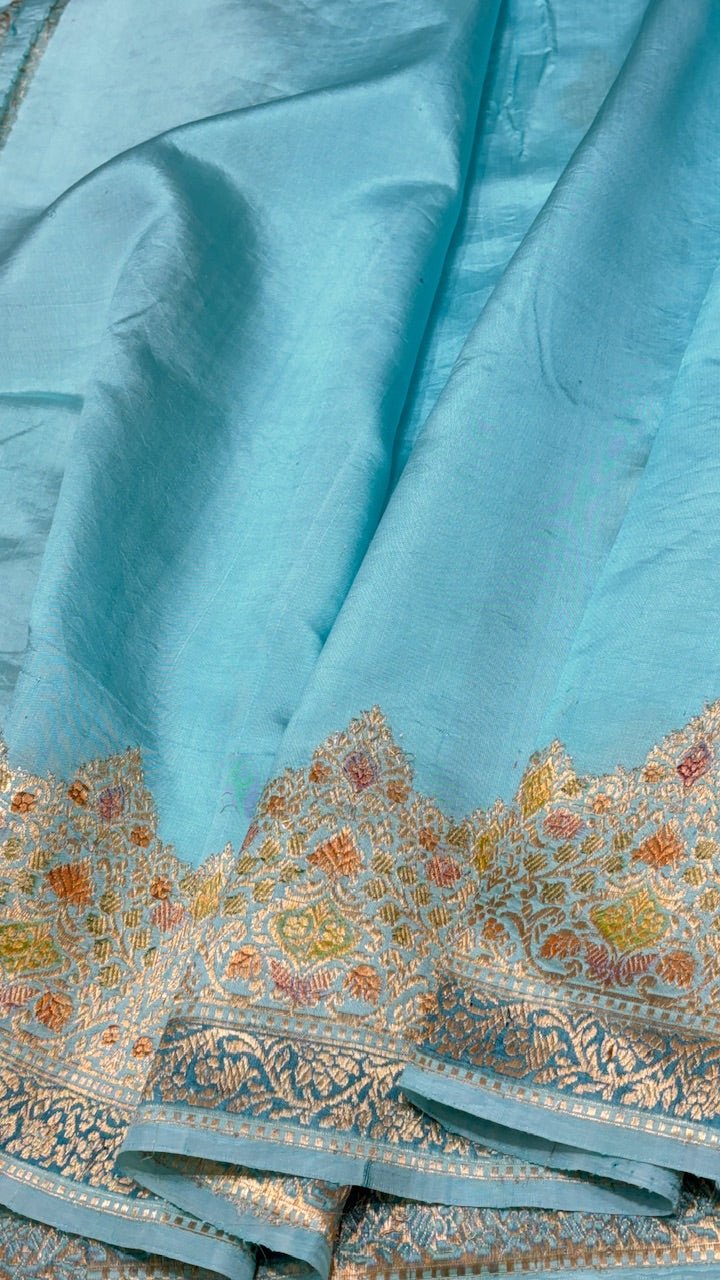 Aqua Blue Banarasi Kora Silk Saree