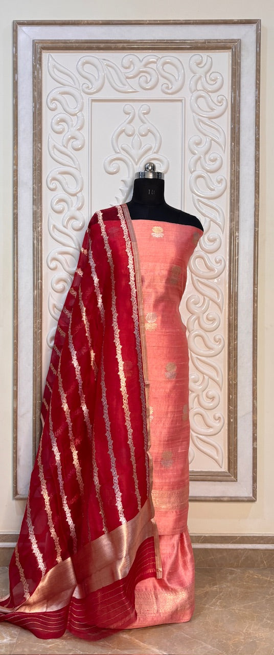 Coral Red Banarasi Raw Silk Suit