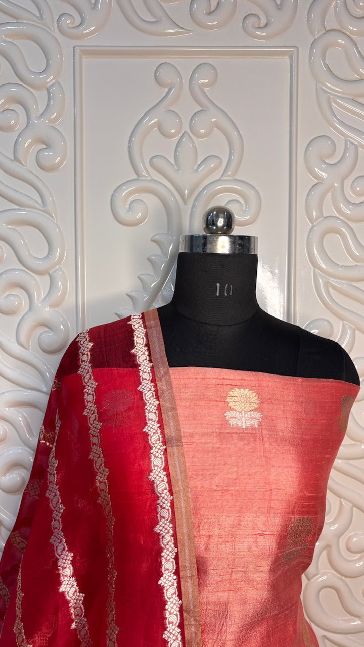 Coral Red Banarasi Raw Silk Suit