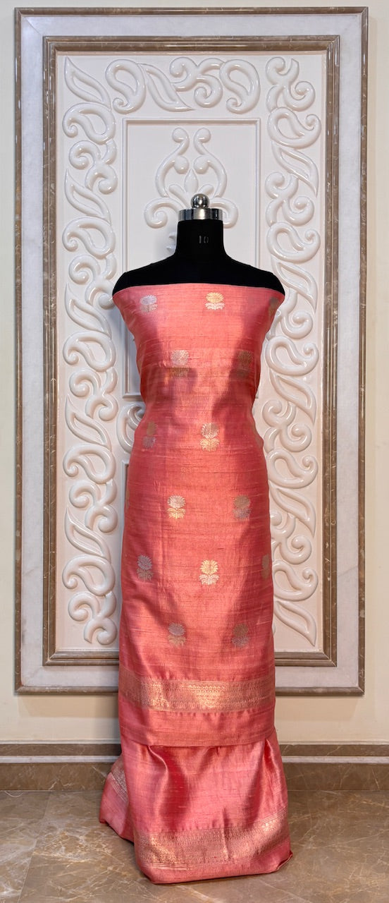 Coral Red Banarasi Raw Silk Suit