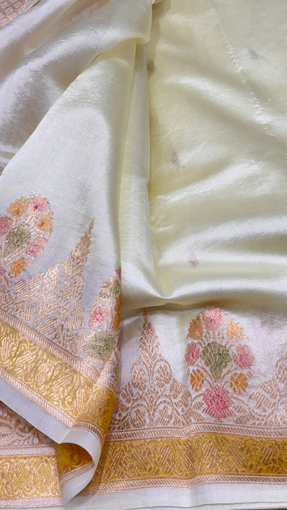 Pale Yellow Banarasi Kora Silk Saree