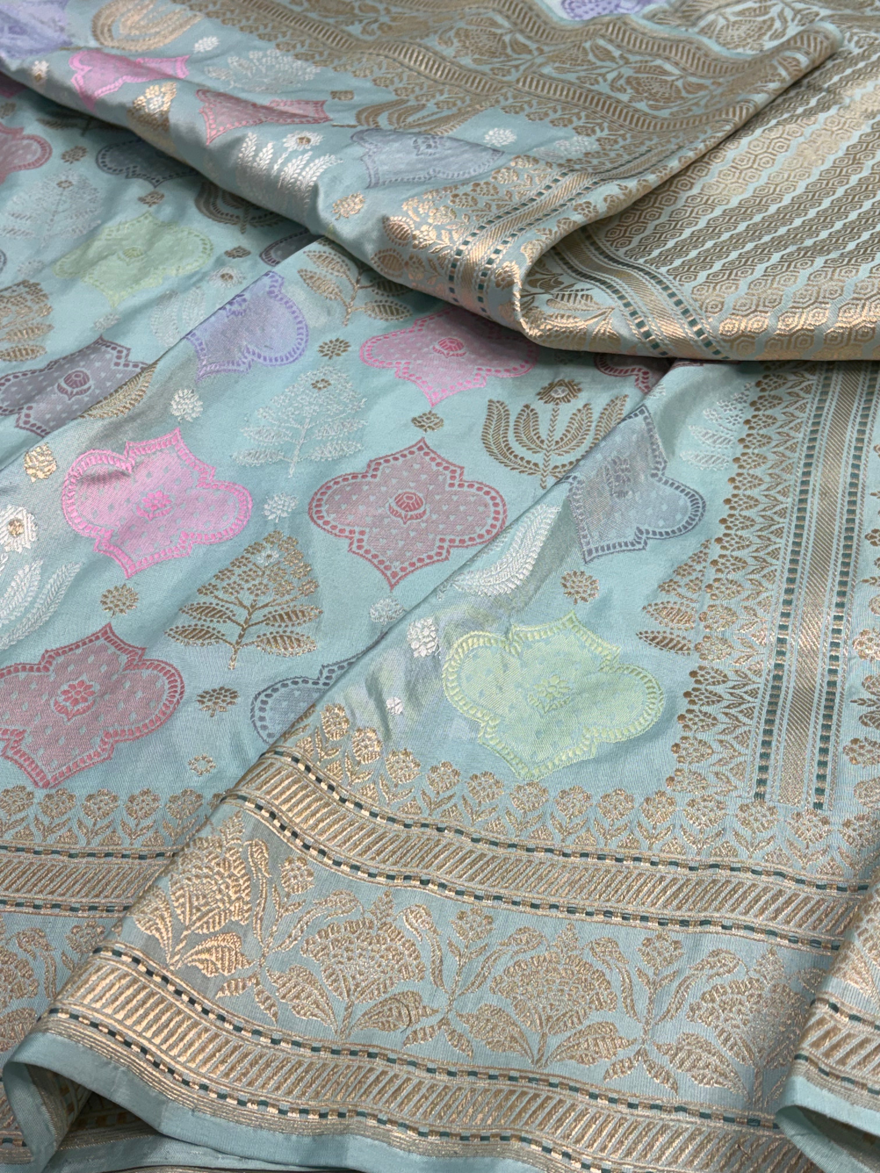 Teal Blue Pure Tissue Katan Silk Handwoven Banarasi Saree with Pastel Meenakari