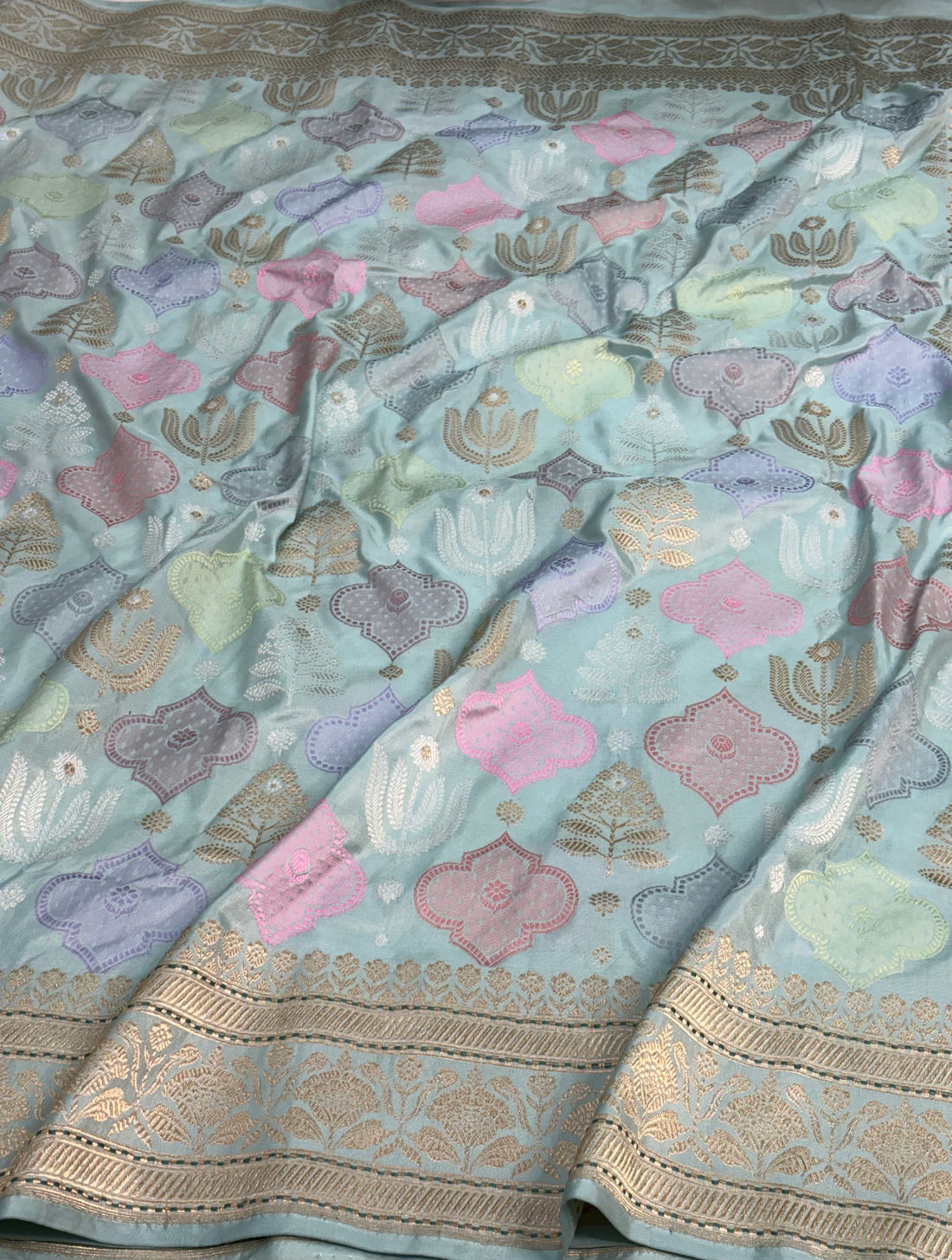 Teal Blue Pure Tissue Katan Silk Handwoven Banarasi Saree with Pastel Meenakari