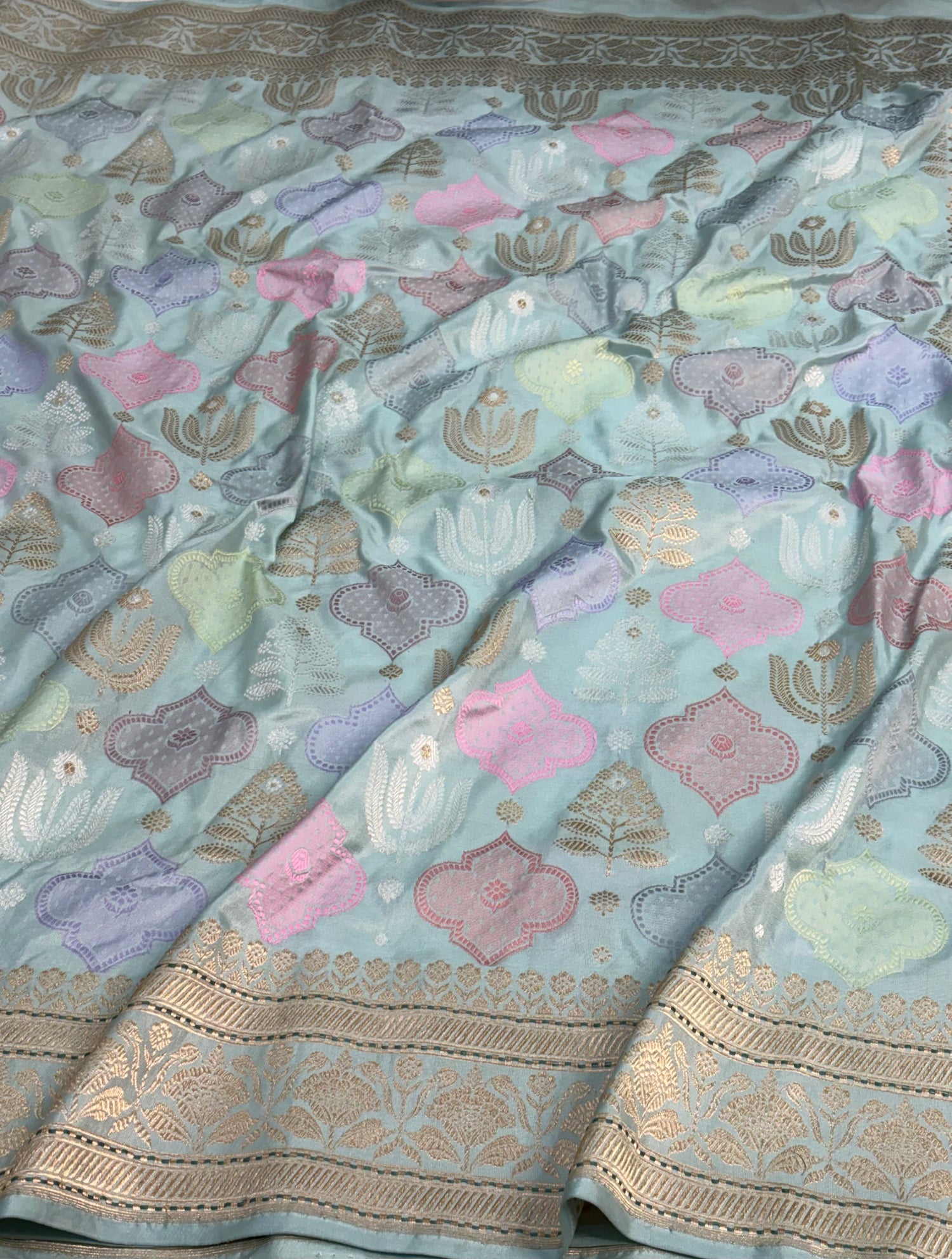 Teal Blue Pure Tissue Katan Silk Handwoven Banarasi Saree with Pastel Meenakari