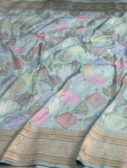 Teal Blue Pure Tissue Katan Silk Handwoven Banarasi Saree with Pastel Meenakari
