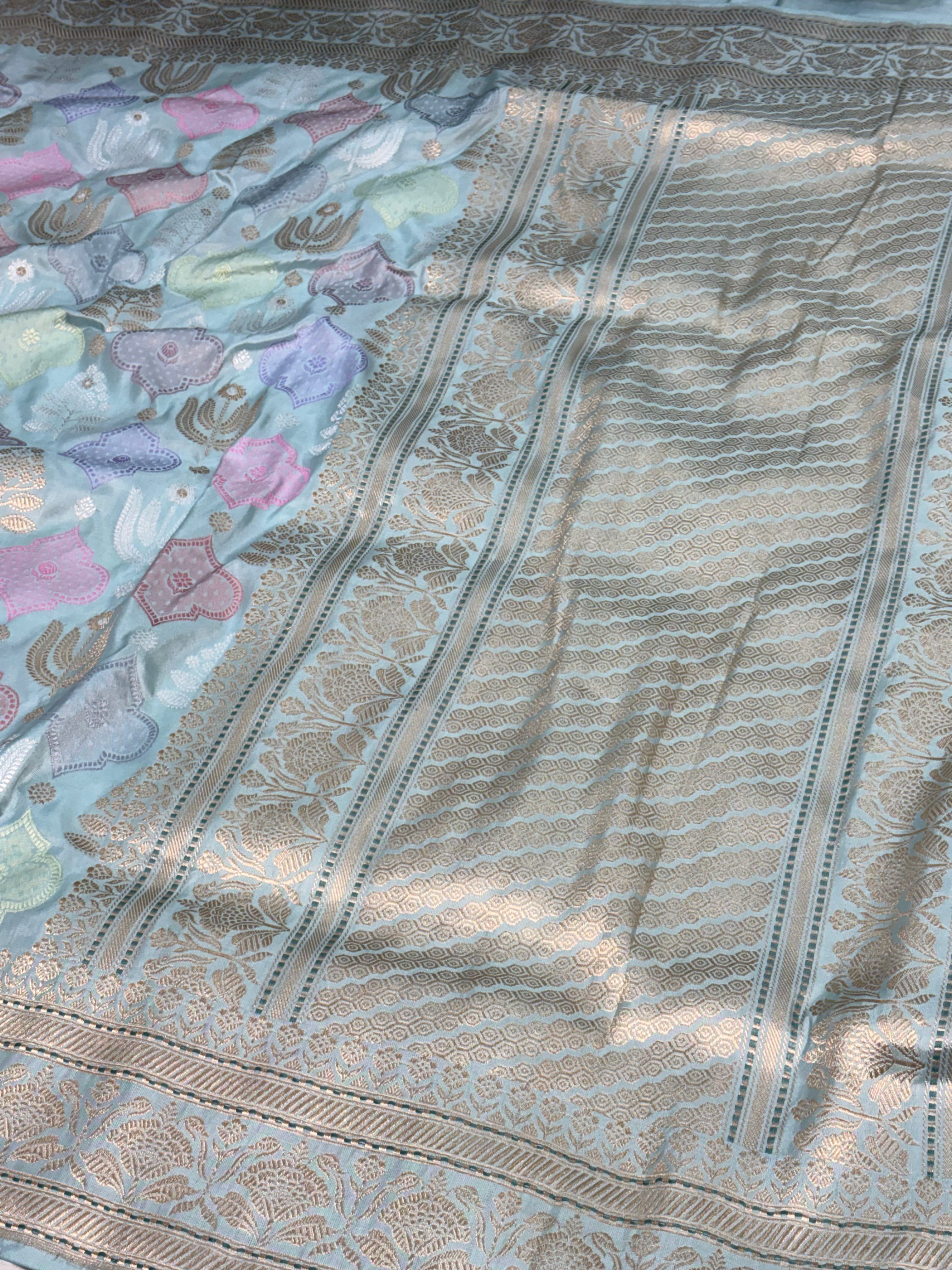 Teal Blue Pure Tissue Katan Silk Handwoven Banarasi Saree with Pastel Meenakari