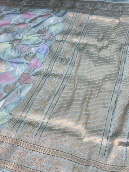Teal Blue Pure Tissue Katan Silk Handwoven Banarasi Saree with Pastel Meenakari