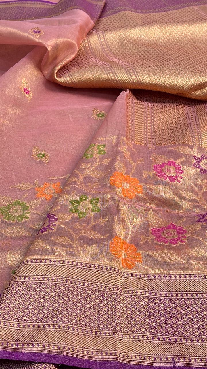 Puce Pink Pure Banarasi Tissue Handwoven Saree