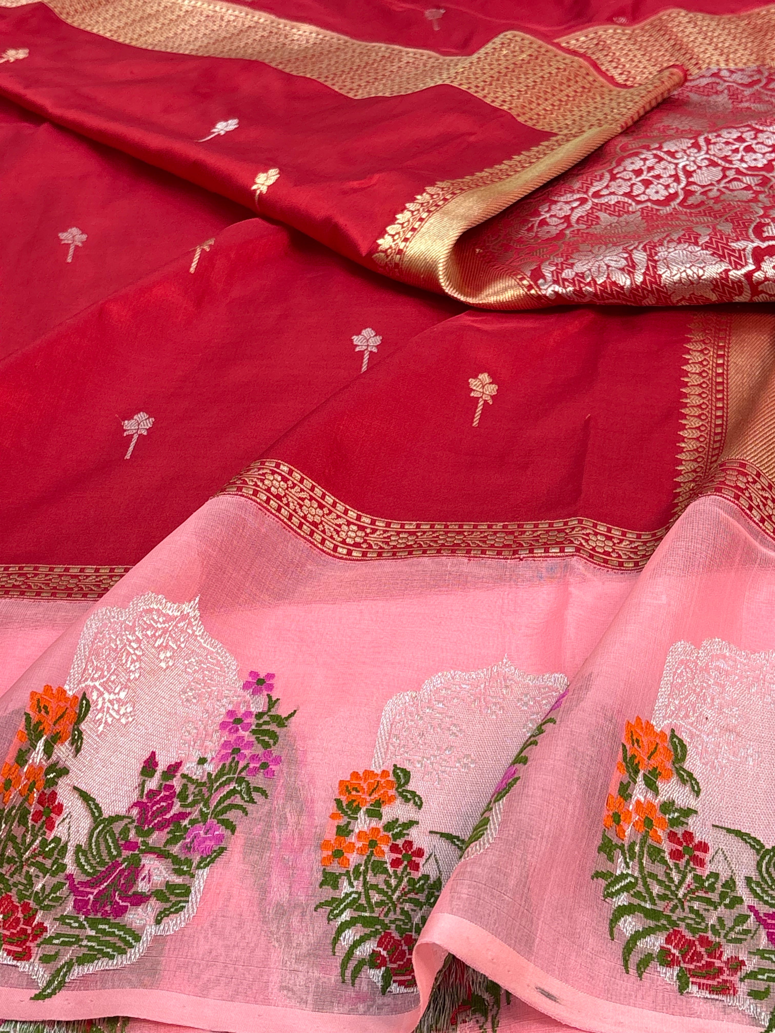 Red Pure Katan Silk Handwoven Banarasi Saree with Persian Floral Meenakari Border