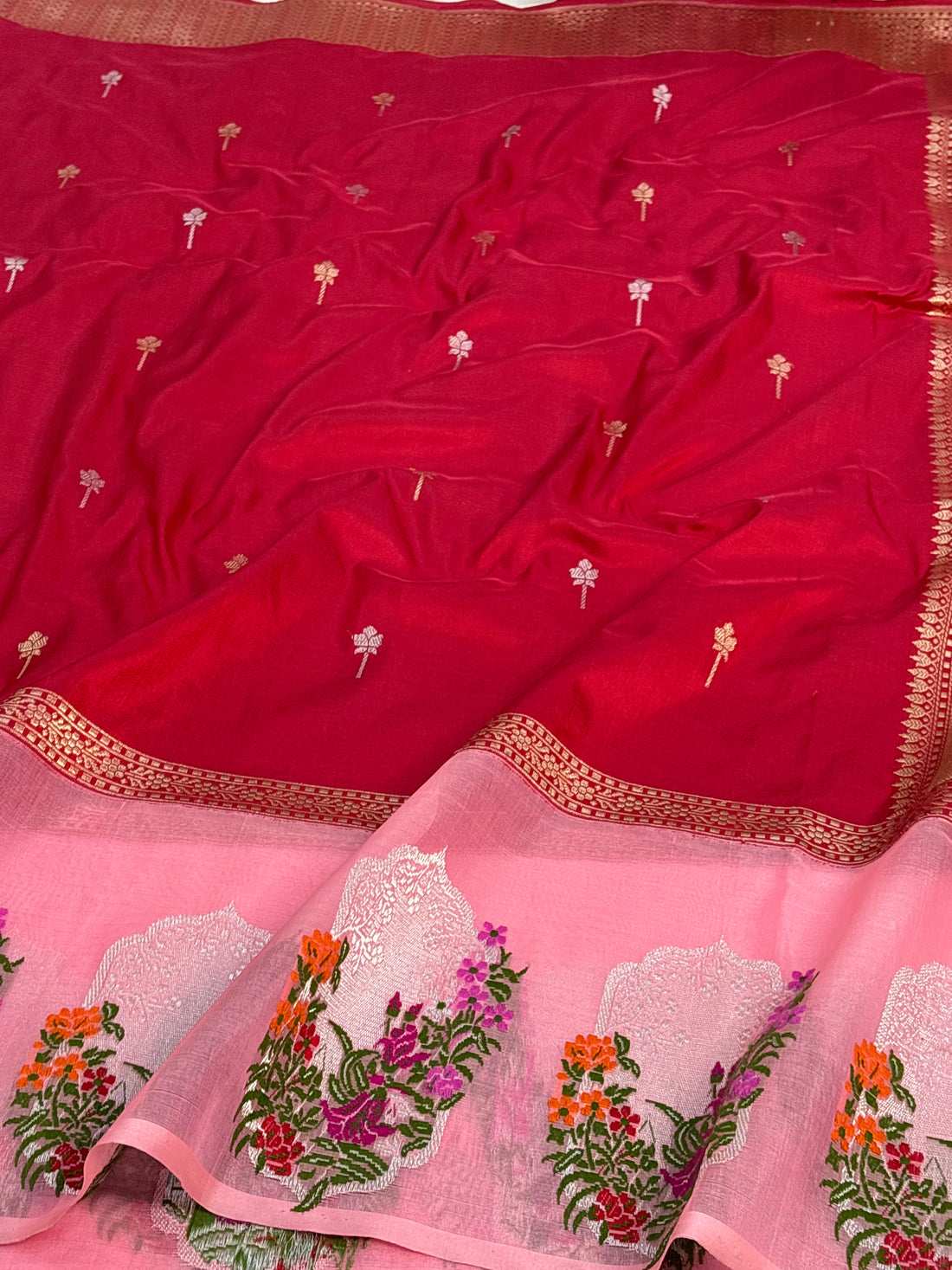 Red Pure Katan Silk Handwoven Banarasi Saree with Persian Floral Meenakari Border