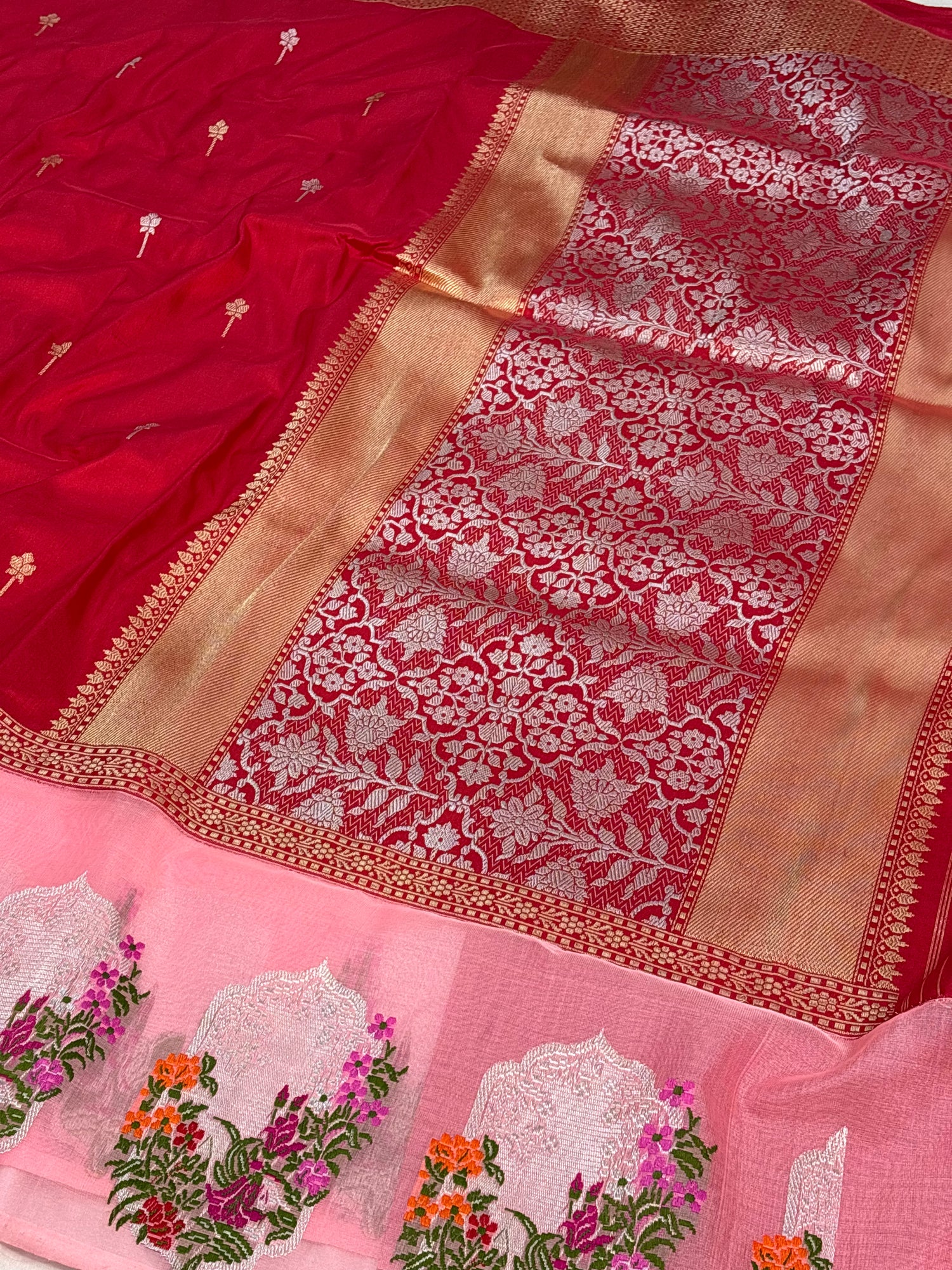 Red Pure Katan Silk Handwoven Banarasi Saree with Persian Floral Meenakari Border