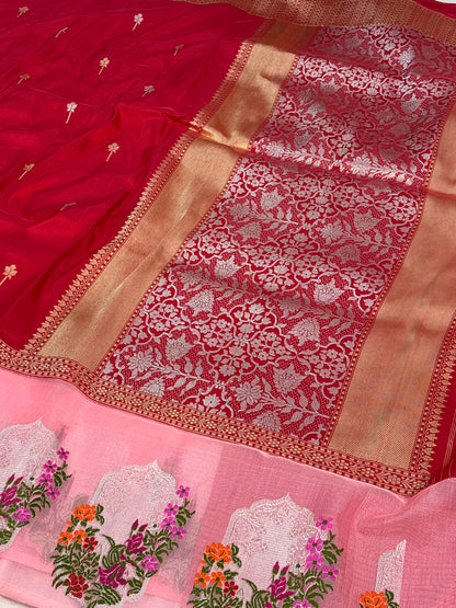 Red Pure Katan Silk Handwoven Banarasi Saree with Persian Floral Meenakari Border