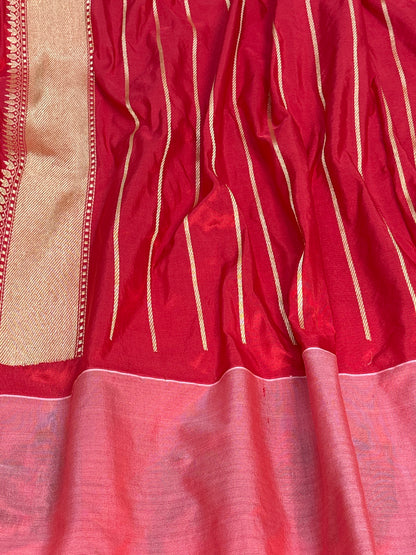 Red Pure Katan Silk Handwoven Banarasi Saree with Persian Floral Meenakari Border