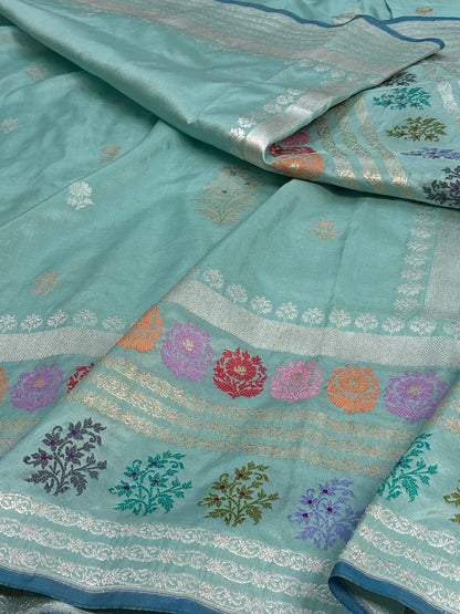 Teal Blue Pure Katan Silk Handwoven Banarasi Saree with Multicolor Meenakari Skirt Border