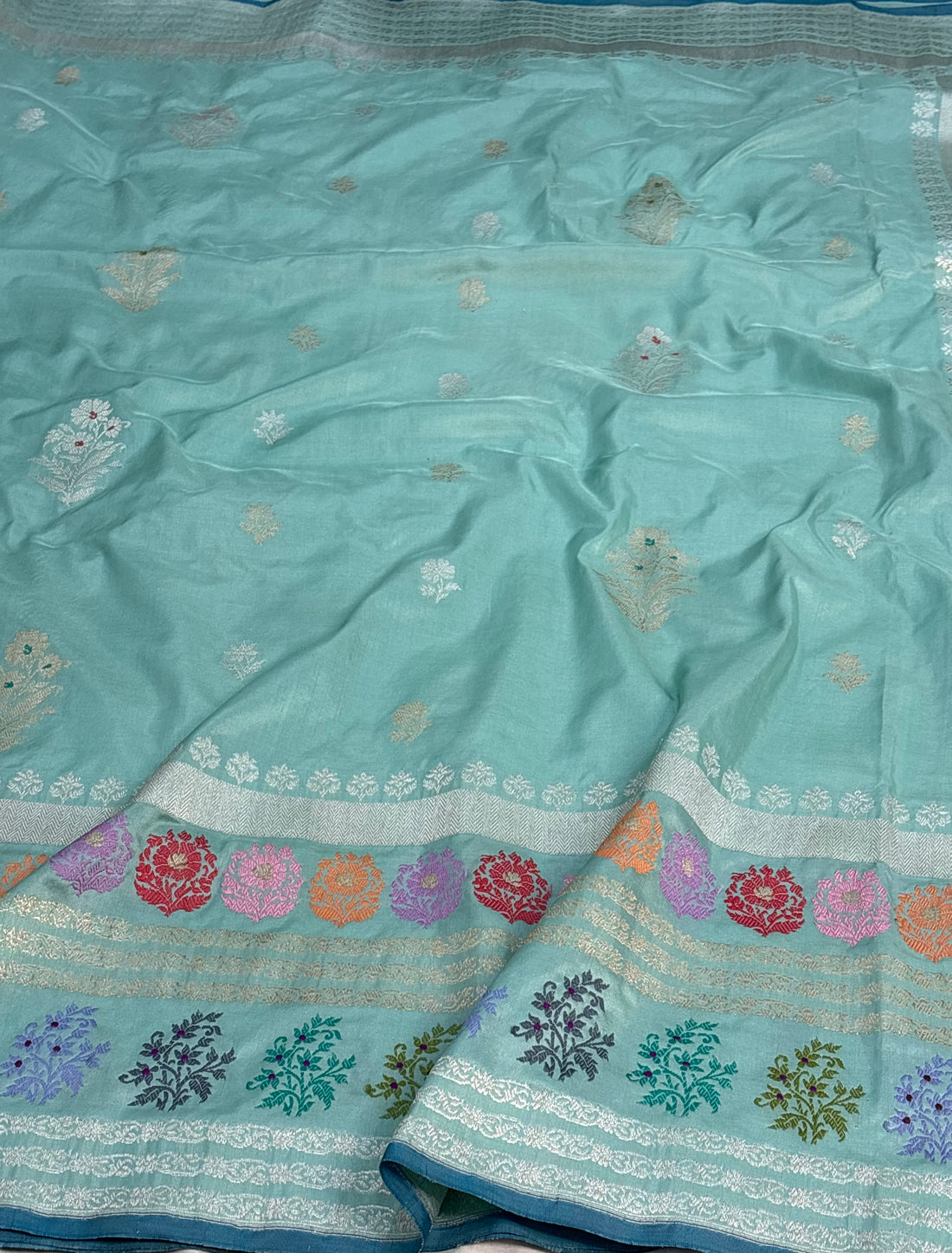 Teal Blue Pure Katan Silk Handwoven Banarasi Saree with Multicolor Meenakari Skirt Border
