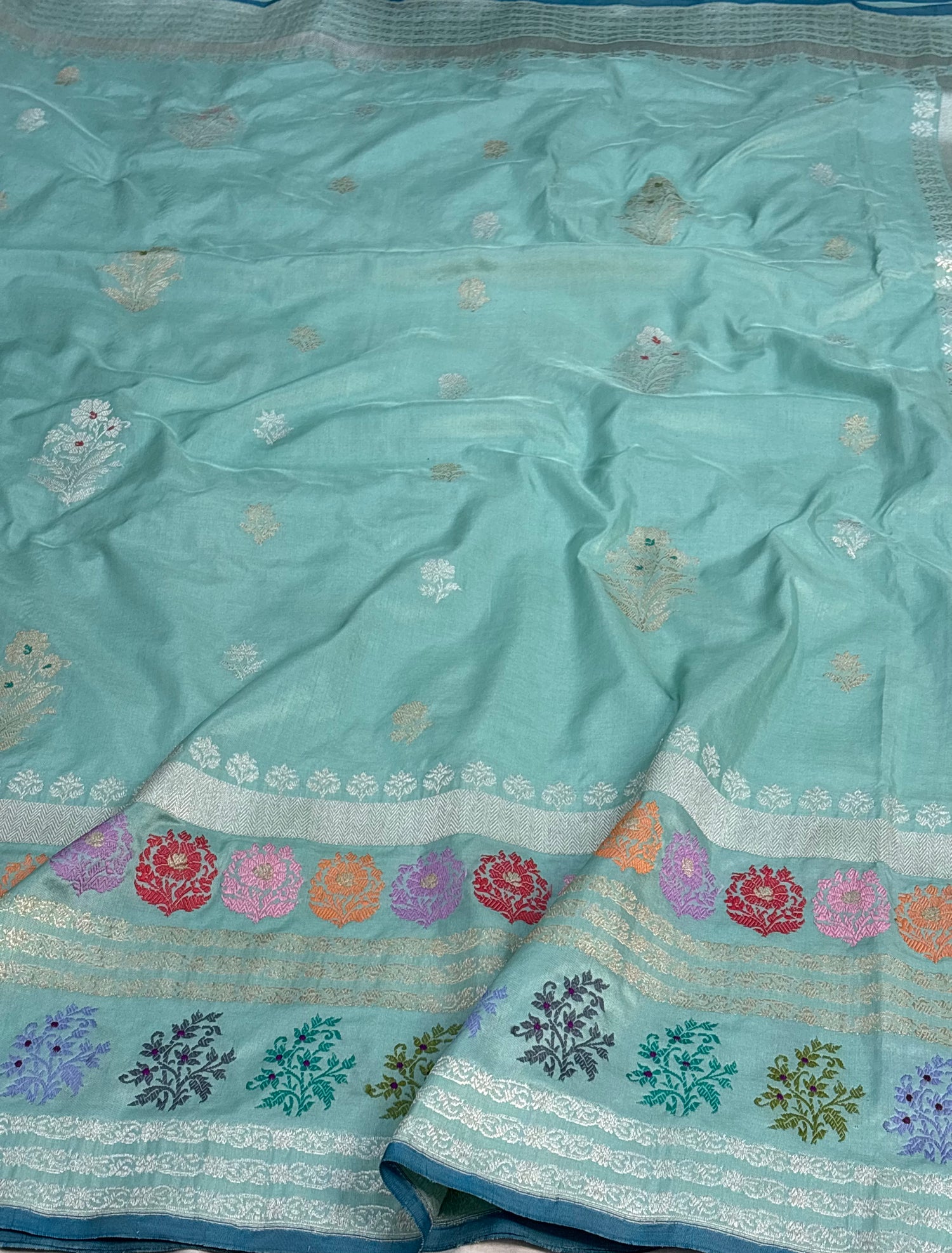 Teal Blue Pure Katan Silk Handwoven Banarasi Saree with Multicolor Meenakari Skirt Border