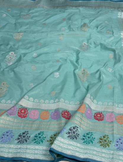 Teal Blue Pure Katan Silk Handwoven Banarasi Saree with Multicolor Meenakari Skirt Border