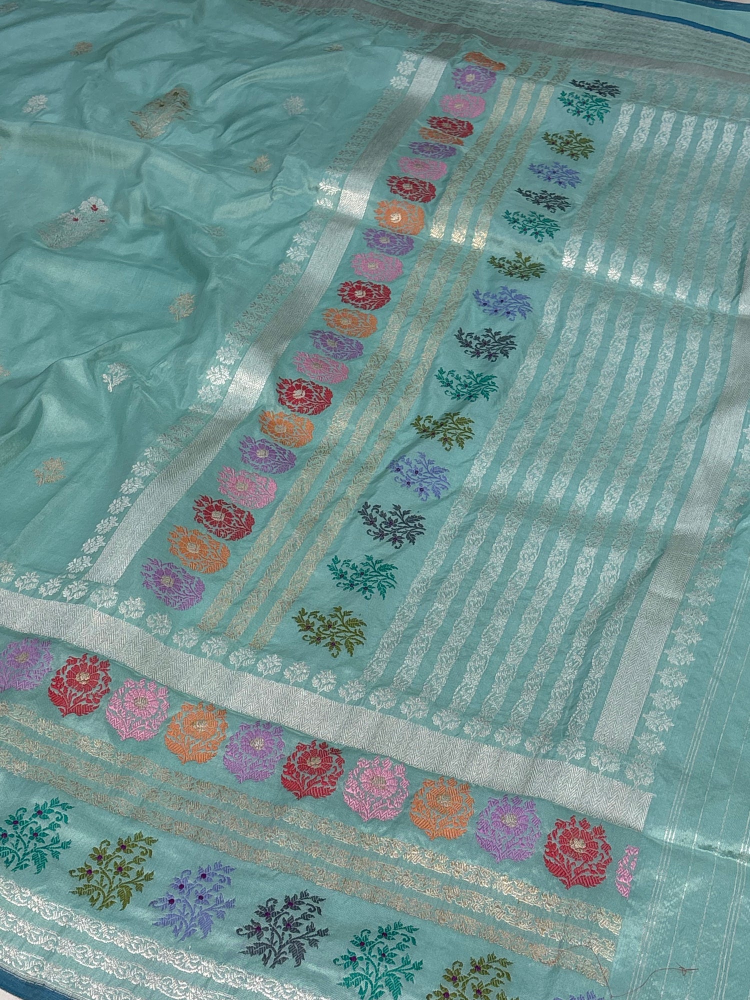 Teal Blue Pure Katan Silk Handwoven Banarasi Saree with Multicolor Meenakari Skirt Border