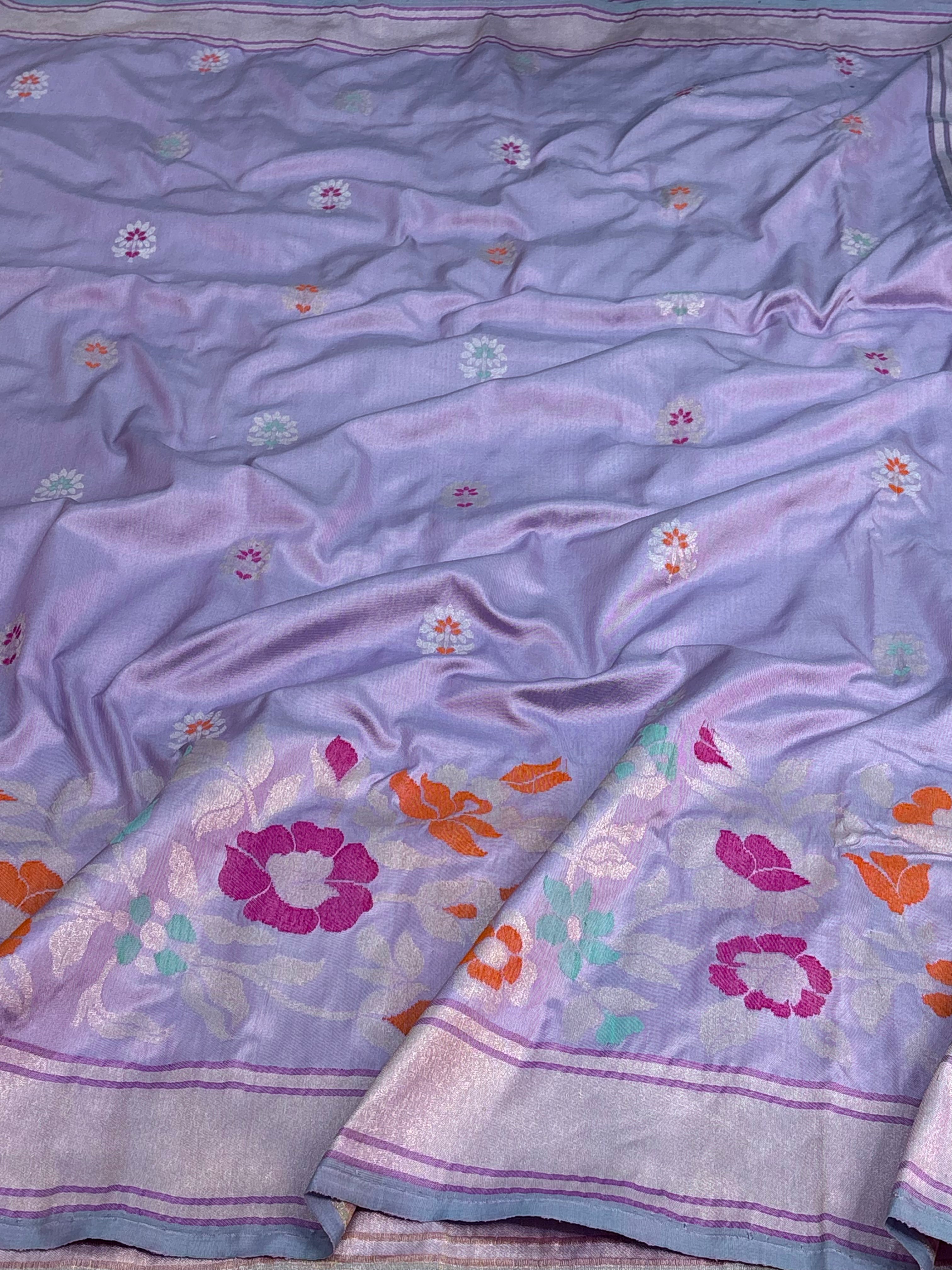 Lavender Pure Katan Silk Ektara Banarasi Saree with Meenakari Skirt Border