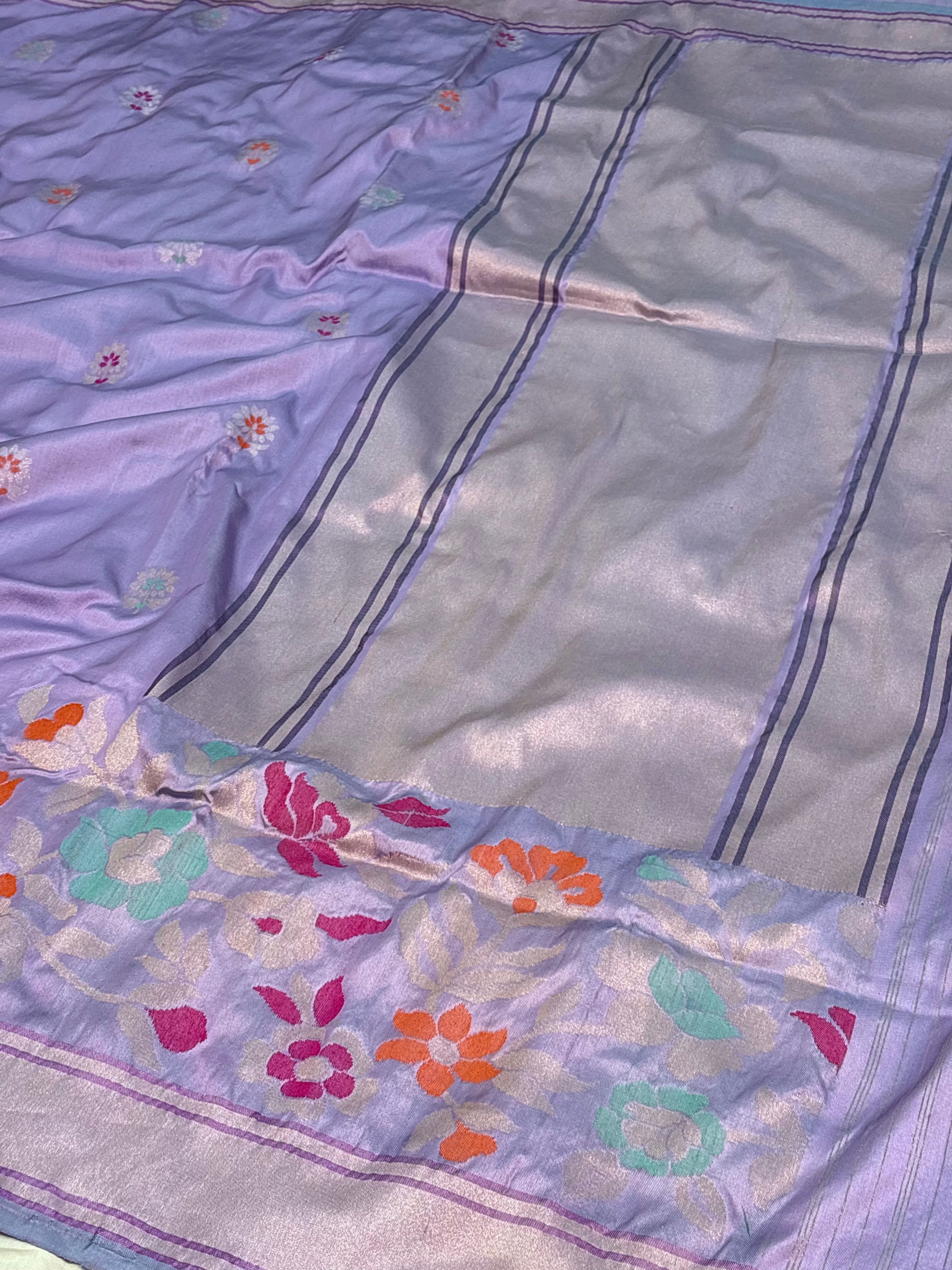 Lavender Pure Katan Silk Ektara Banarasi Saree with Meenakari Skirt Border