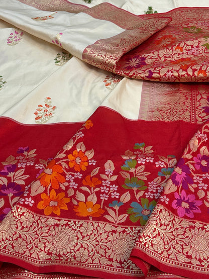 Ivory White Pure Katan Silk Handwoven Banarasi Saree with Red Kadhial Border