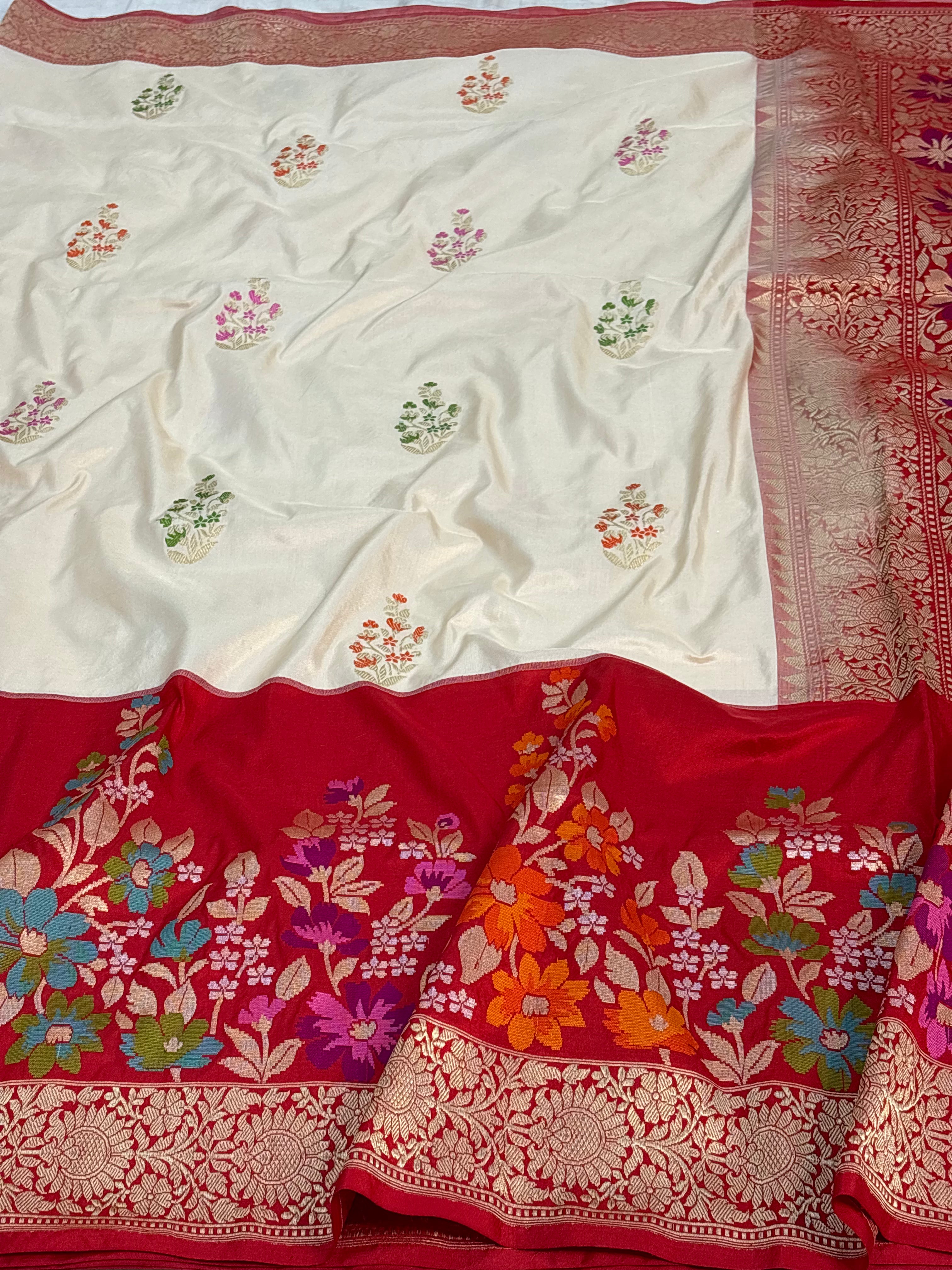 Ivory White Pure Katan Silk Handwoven Banarasi Saree with Red Kadhial Border
