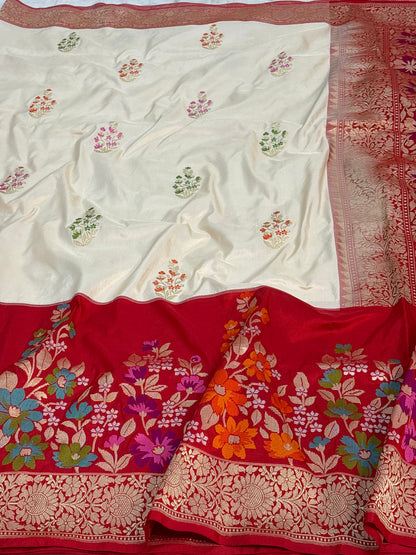 Ivory White Pure Katan Silk Handwoven Banarasi Saree with Red Kadhial Border