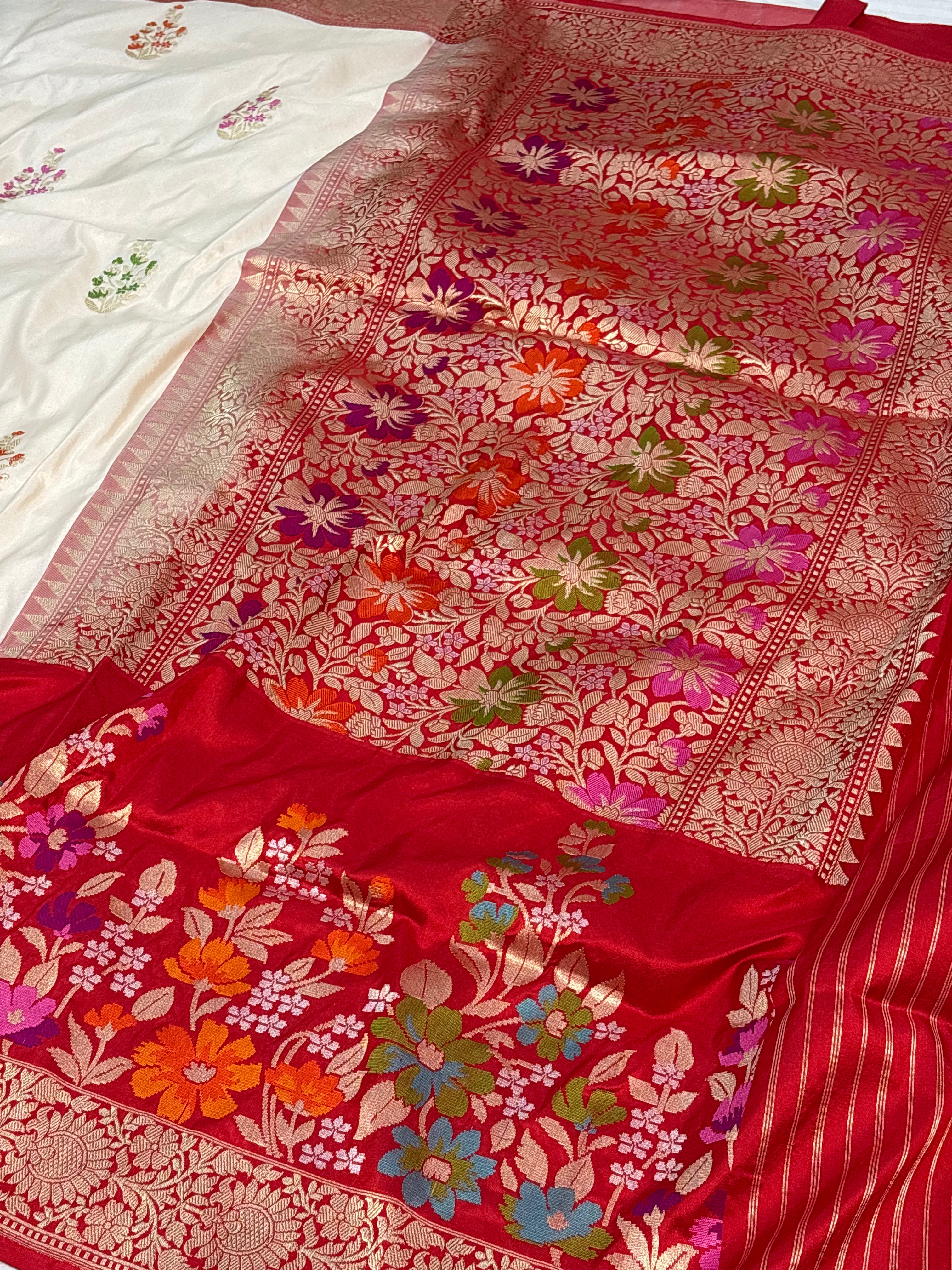 Ivory White Pure Katan Silk Handwoven Banarasi Saree with Red Kadhial Border