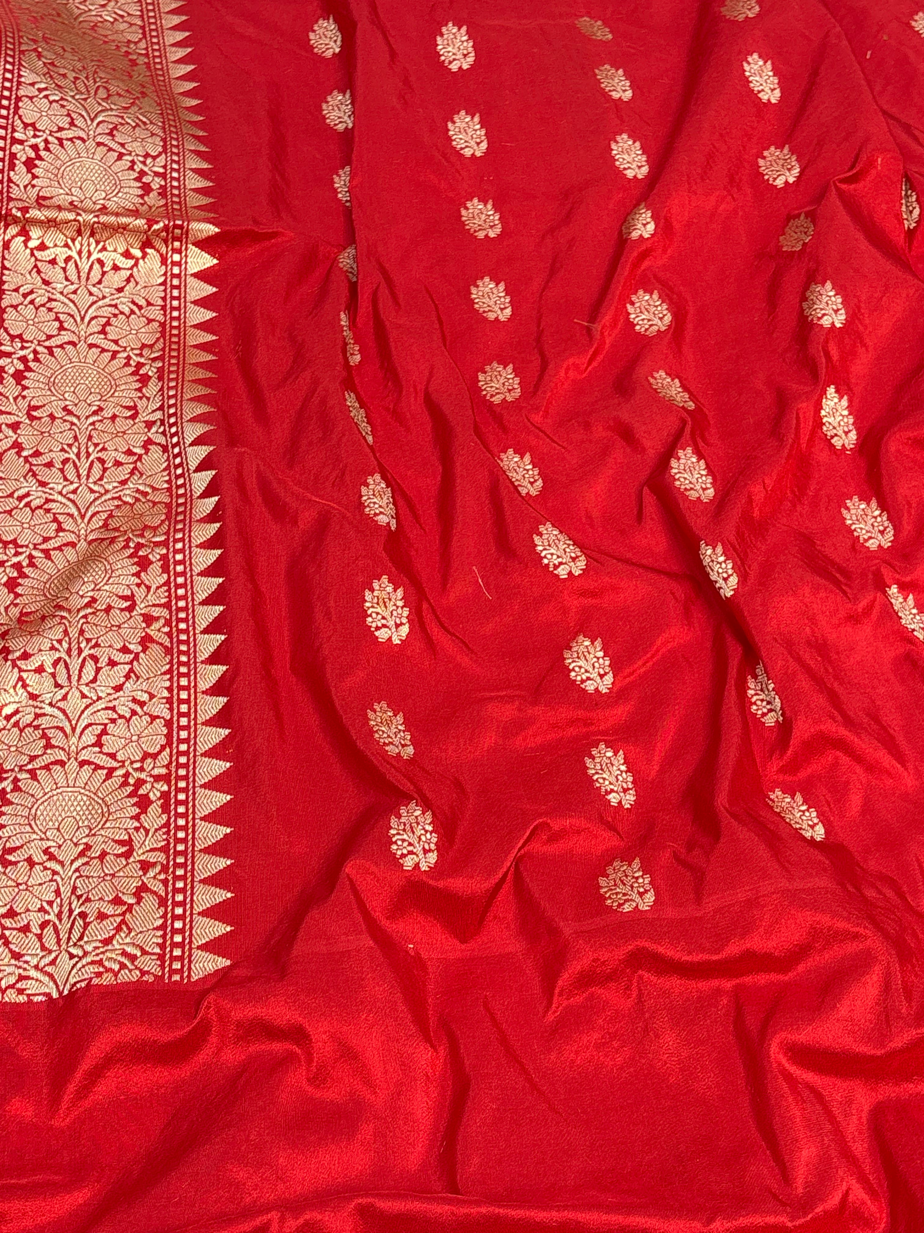 Ivory White Pure Katan Silk Handwoven Banarasi Saree with Red Kadhial Border