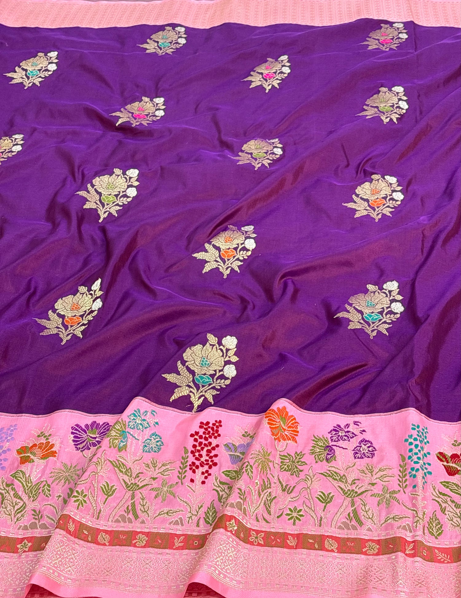 Purple Pure Katan Silk Handwoven Banarasi Saree with Baby Pink Kadhial Border