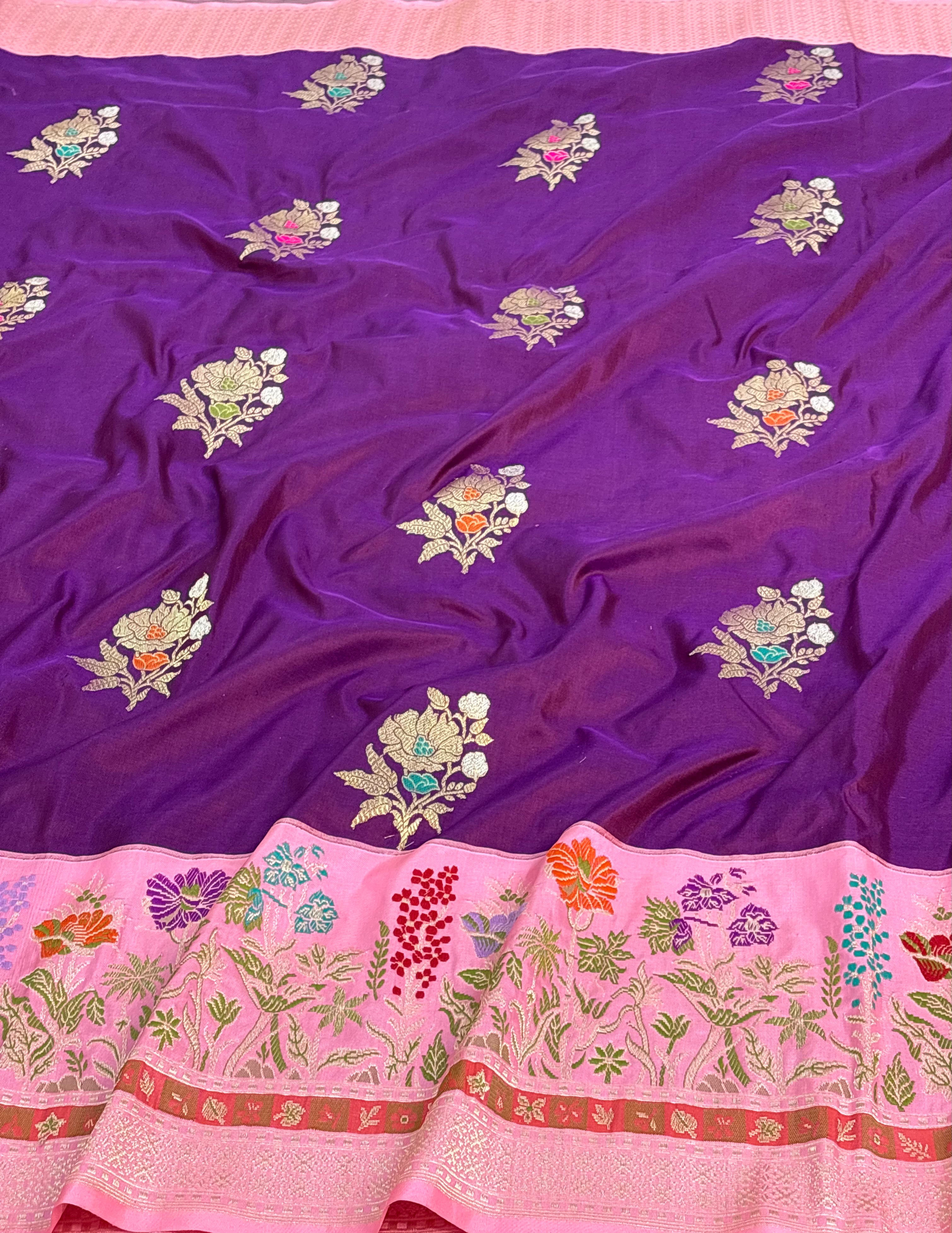Purple Pure Katan Silk Handwoven Banarasi Saree with Baby Pink Kadhial Border