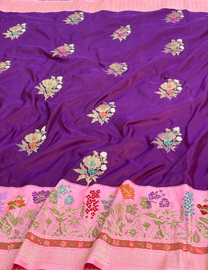 Purple Pure Katan Silk Handwoven Banarasi Saree with Baby Pink Kadhial Border