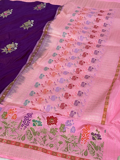Purple Pure Katan Silk Handwoven Banarasi Saree with Baby Pink Kadhial Border