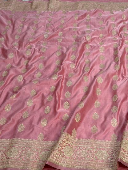 Baby Pink Pure Satin Silk Handwoven Banarasi Saree with Golden Zari Work